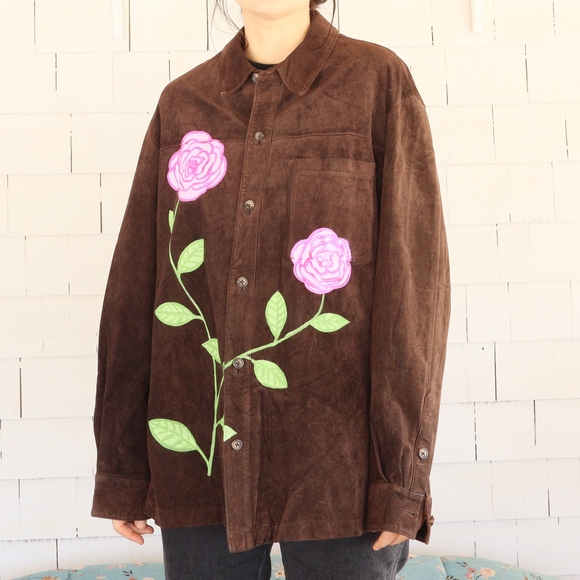 Hand Painted Brown Suede Jacket Flowers XL • 2XL - Picture 6 of 9